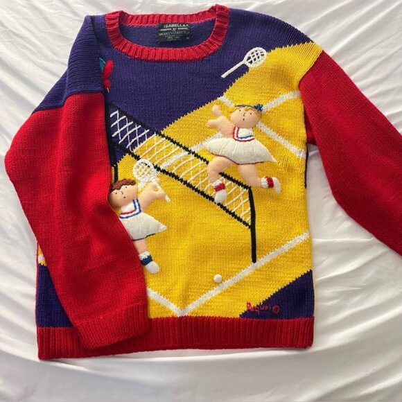 RARE Vtg 80s 3D Tennis Novelty Knit Sweater Handmade M - Picture 1 of 11